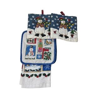 Vtg TC 4 Pot Holders & Dish Towel Snowmen Holly & Berries Christmas Gifts NIP